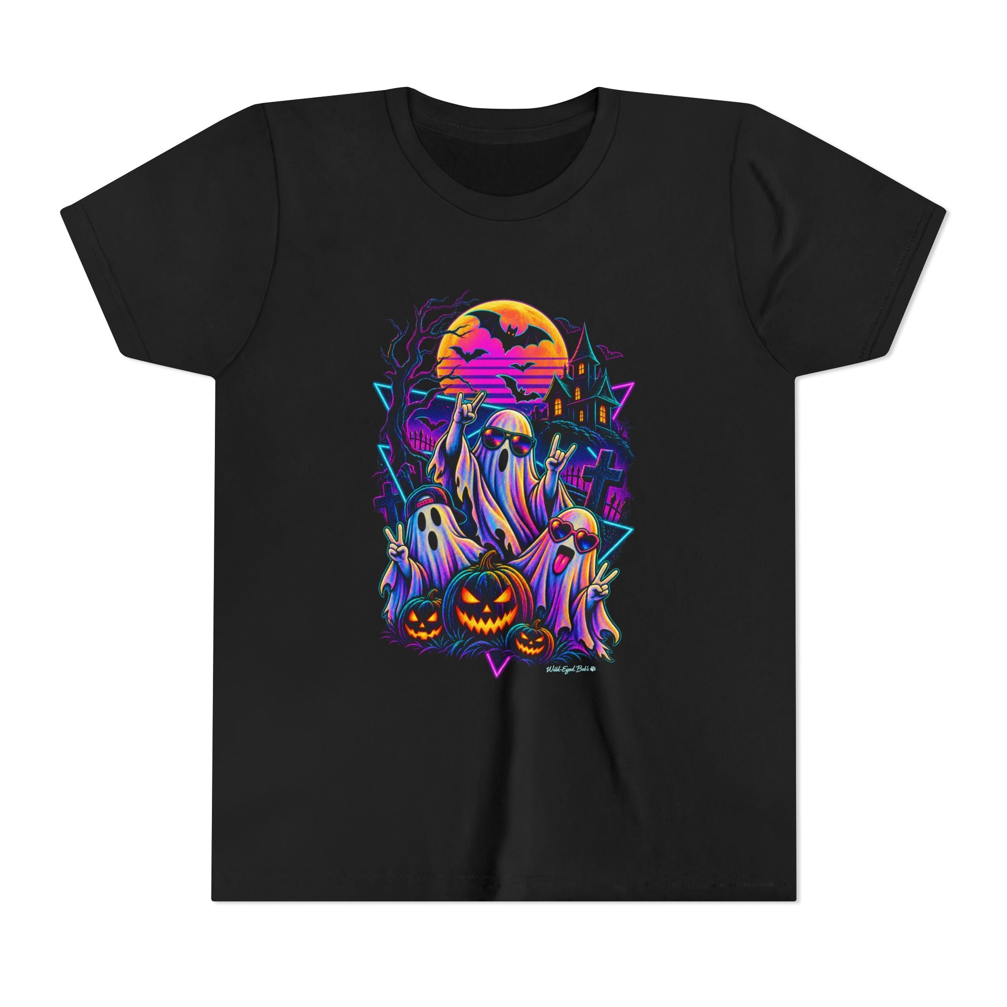 Youth Halloween Ghosts T‑Shirt — Neon Retro Pumpkin Tee