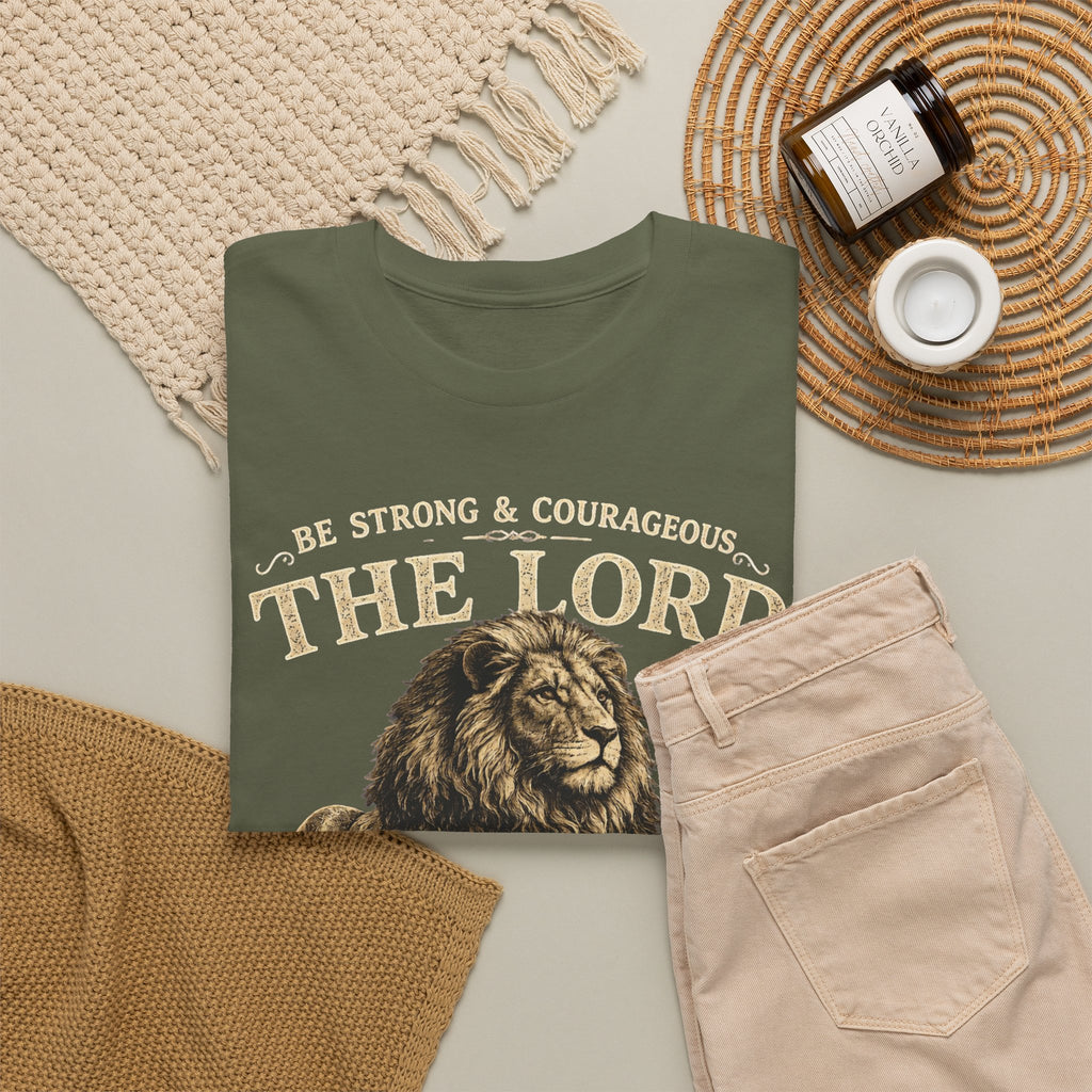 Christian Lion T-Shirt — "Be Strong & Courageous: The Lord Your God" Faith Tee