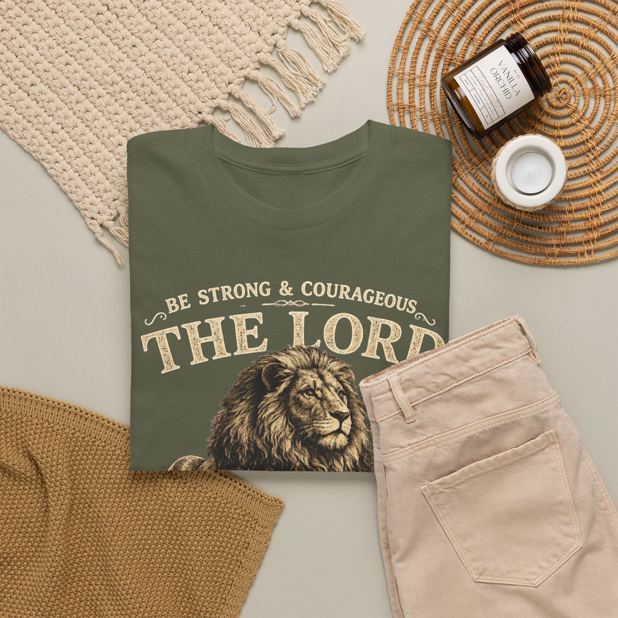 Christian Lion T-Shirt — "Be Strong & Courageous: The Lord Your God" Faith Tee