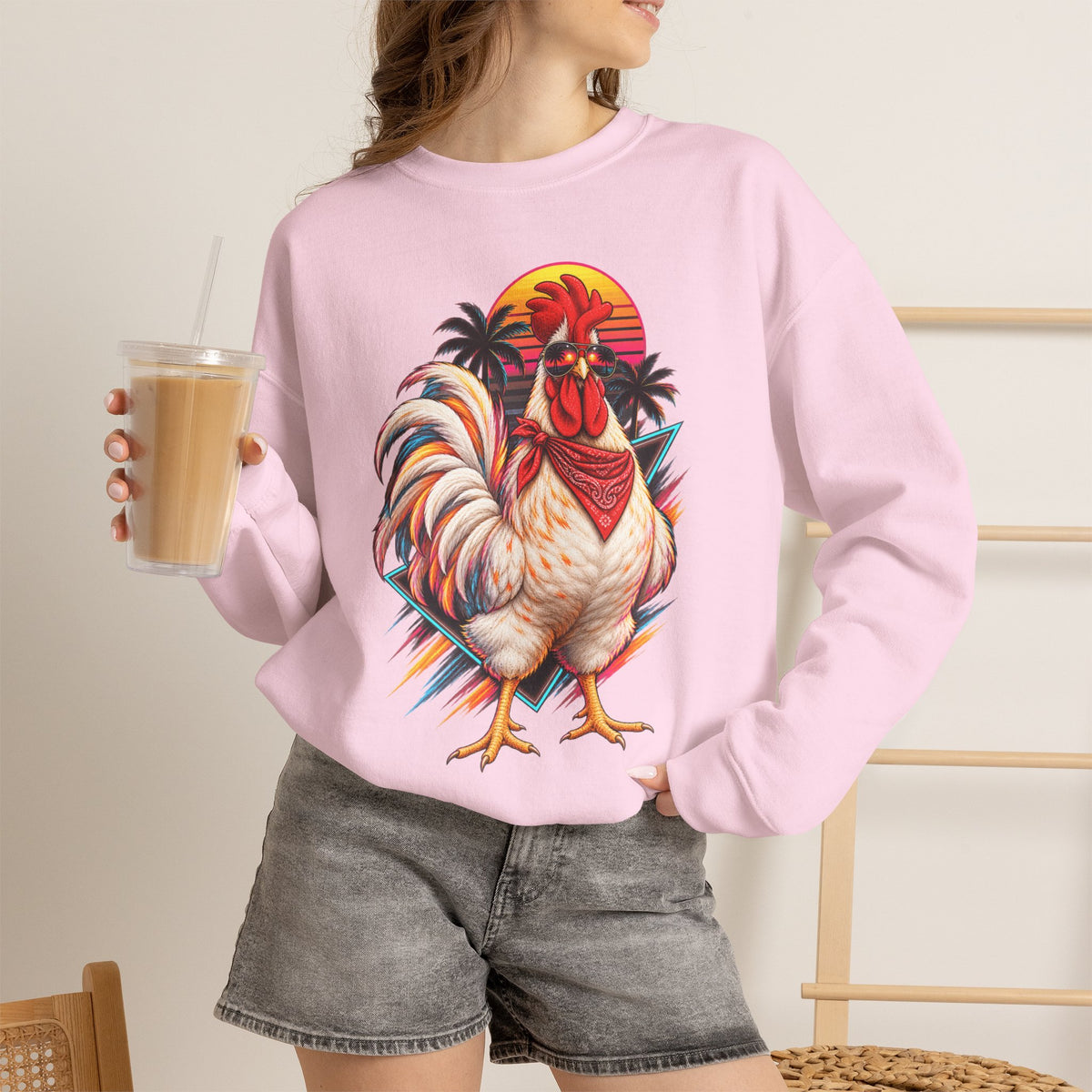 Rooster Sunset Crewneck Sweatshirt — Tropical Farm Rooster Graphic