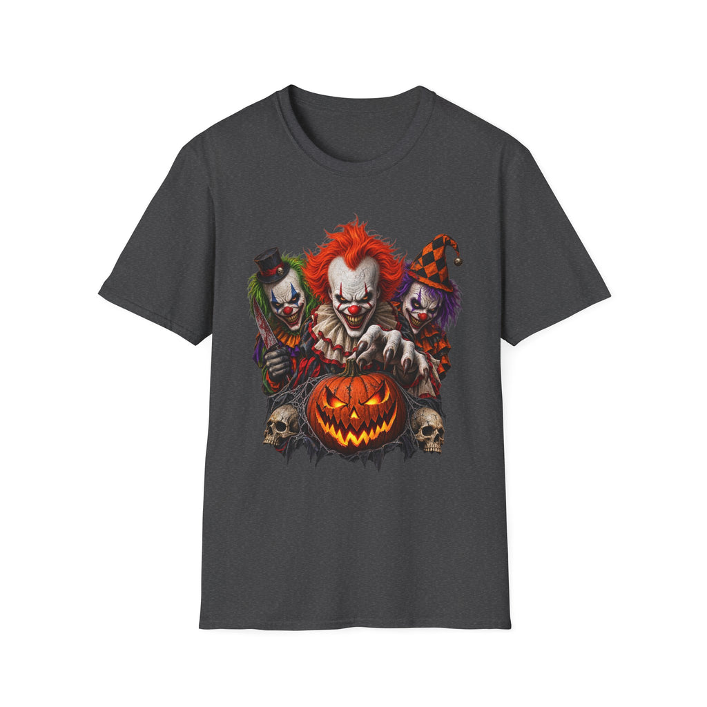 Creepy Clown Trio Halloween T-Shirt — Scary Clown Pumpkin Design