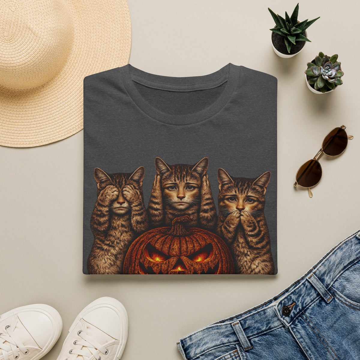 No Evil... Anthropomorphic Cat Pumpkin T-Shirt — Three Spooky Cats with Jack-O'-Lantern