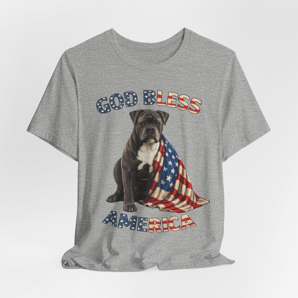 Patriotic Bulldog Tee – "God Bless America" USA Flag Dog T-Shirt