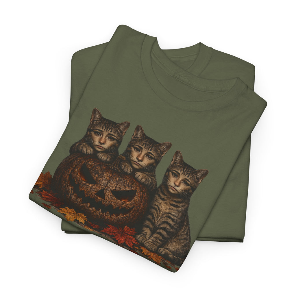 Halloween Cats T-Shirt — Trio of Kittens with Jack-O'-Lantern Fall Tee