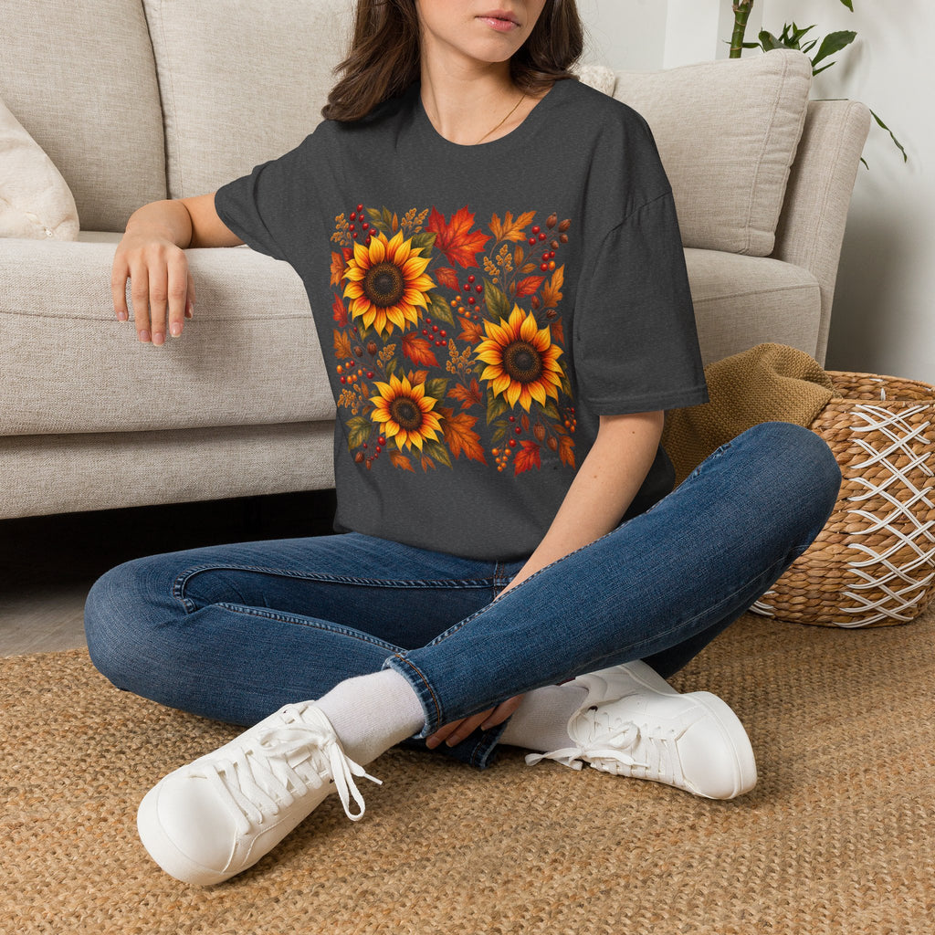 Sunflower & Autumn Leaves T-Shirt — Fall Floral Tee