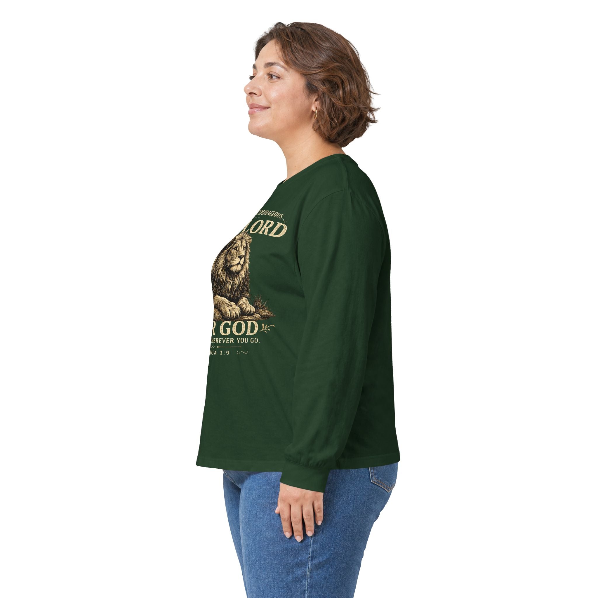 Christian Lion Long Sleeve Tee — “Be Strong & Courageous, The Lord Your God” Inspirational Shirt