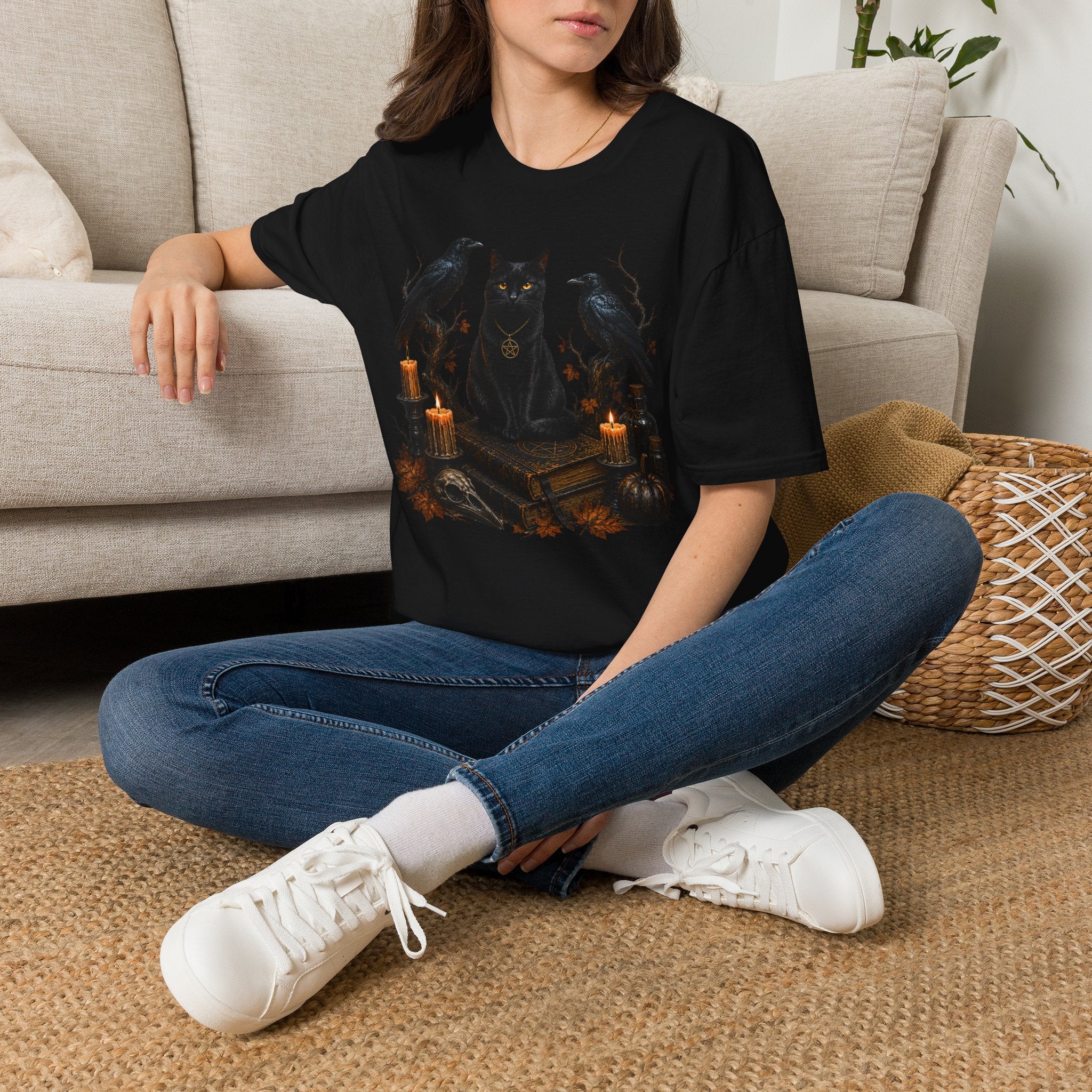 Occult Black Cat T-Shirt — Witchy Candle & Raven Spell Design