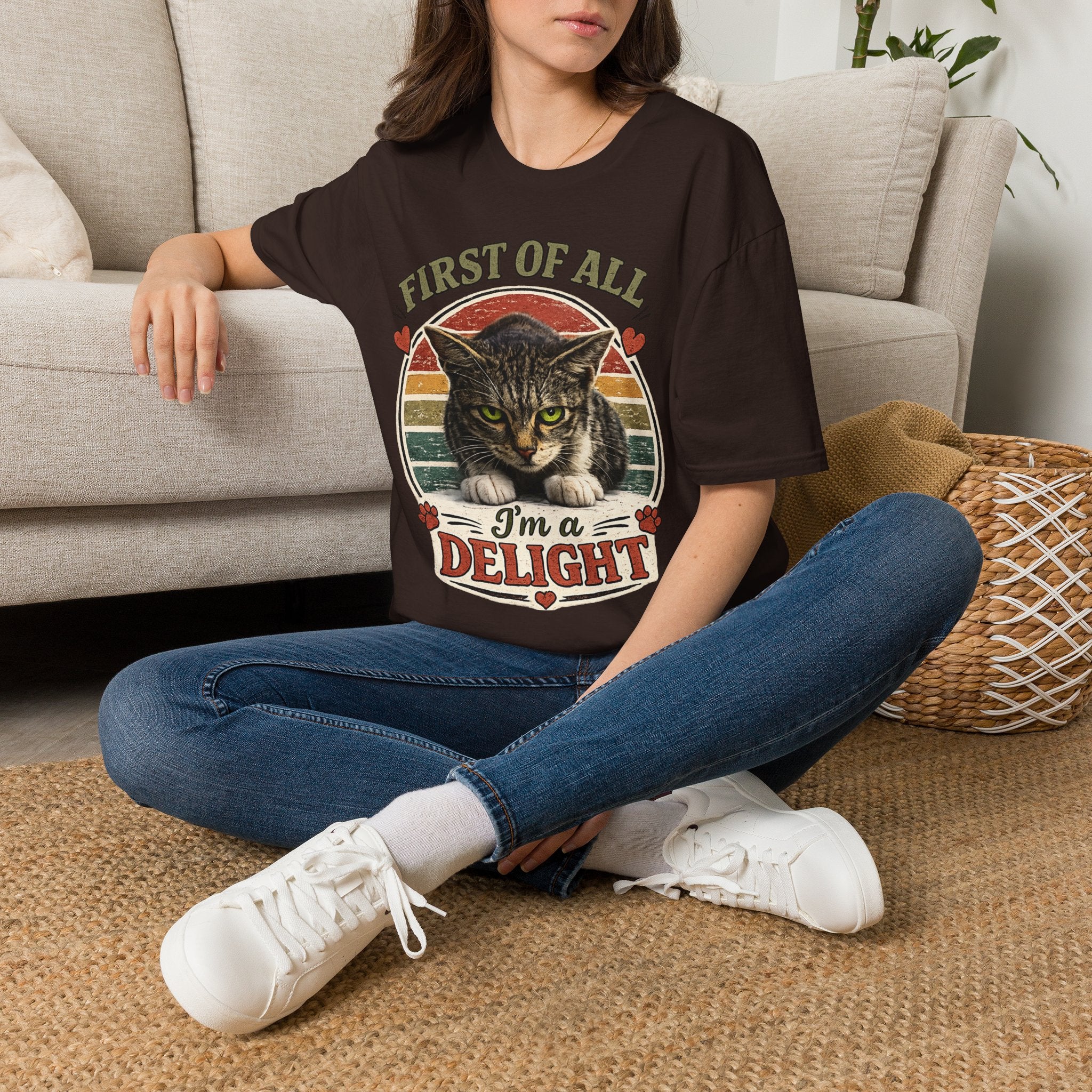 Cat T‑Shirt — “First of All I’m a Delight” Vintage Cat Graphic Tee