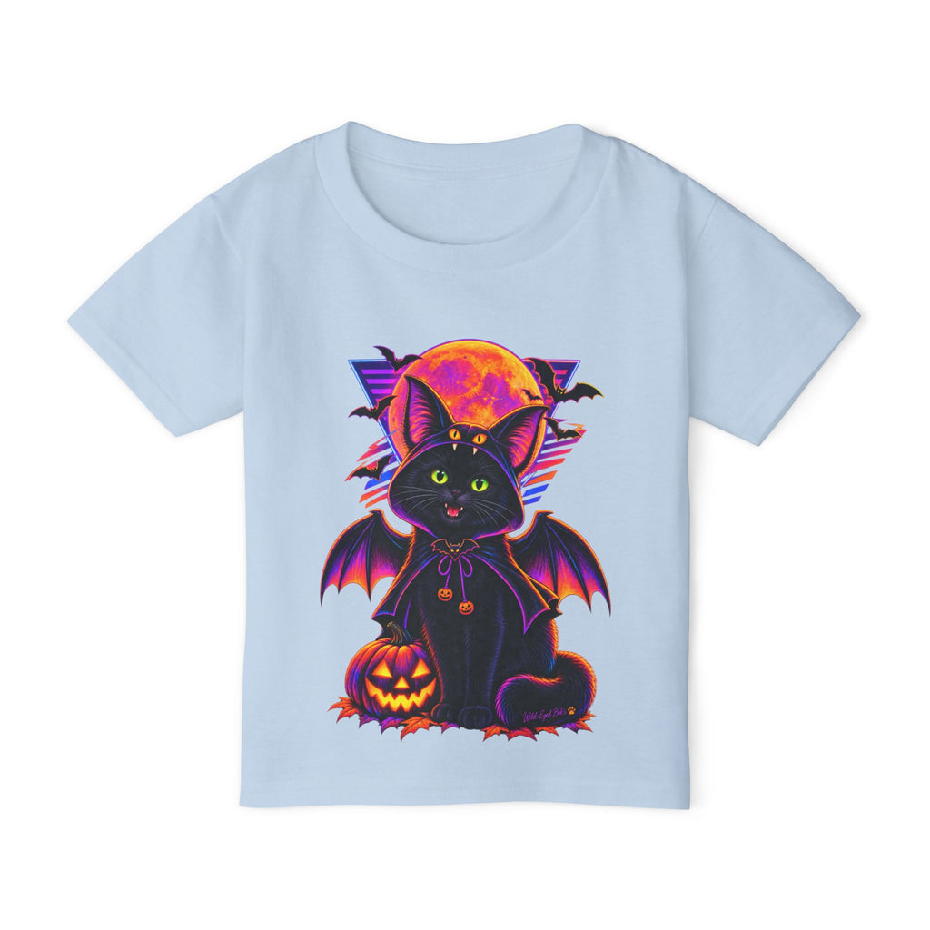 Toddler Halloween Bat Cat T-Shirt — Cute Black Cat with Pumpkin & Full Moon
