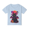 Toddler Halloween Bat Cat T-Shirt — Cute Black Cat with Pumpkin & Full Moon