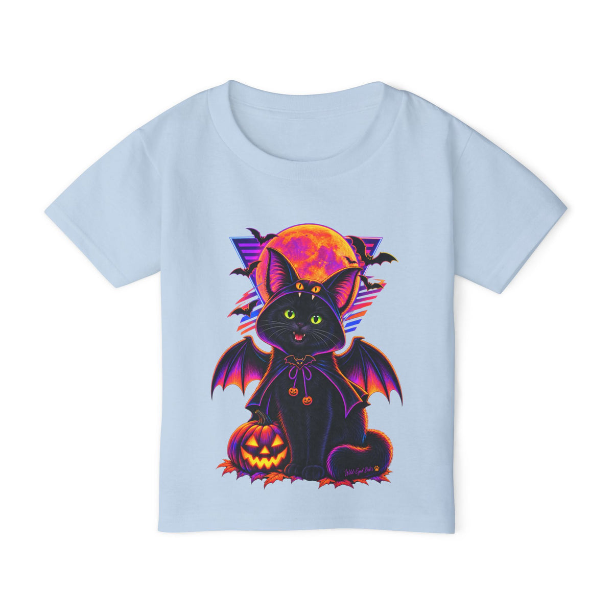 Toddler Halloween Bat Cat T-Shirt — Cute Black Cat with Pumpkin & Full Moon