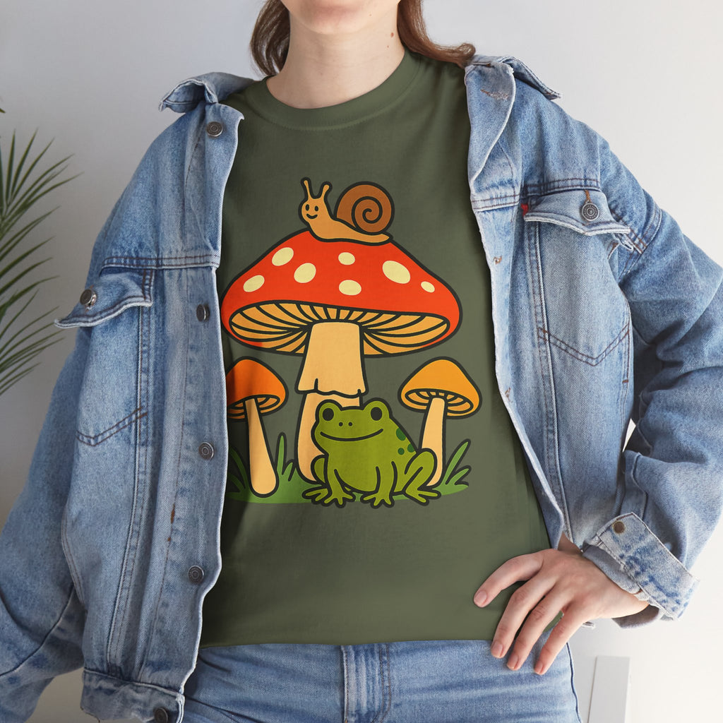 Frog & Mushroom Graphic Tee — Cute Snail Mushroom Garden T-Shirt