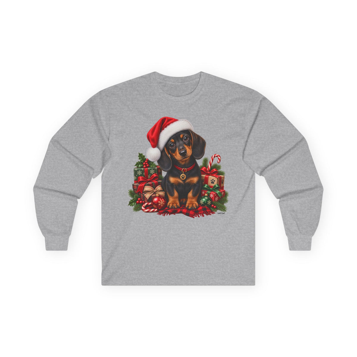 Dachshund Christmas Long Sleeve Tee - Santa Hat Puppy Holiday Shirt