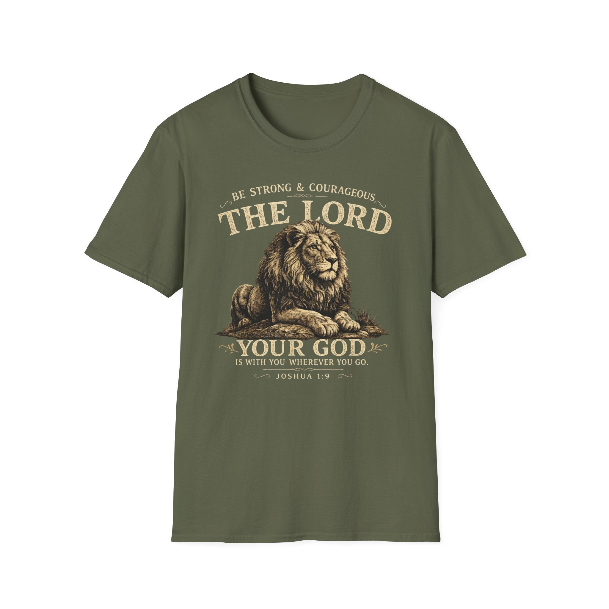 Be Strong & Courageous The Lord Lion T-Shirt — Christian Faith Tee (Joshua 1:9)
