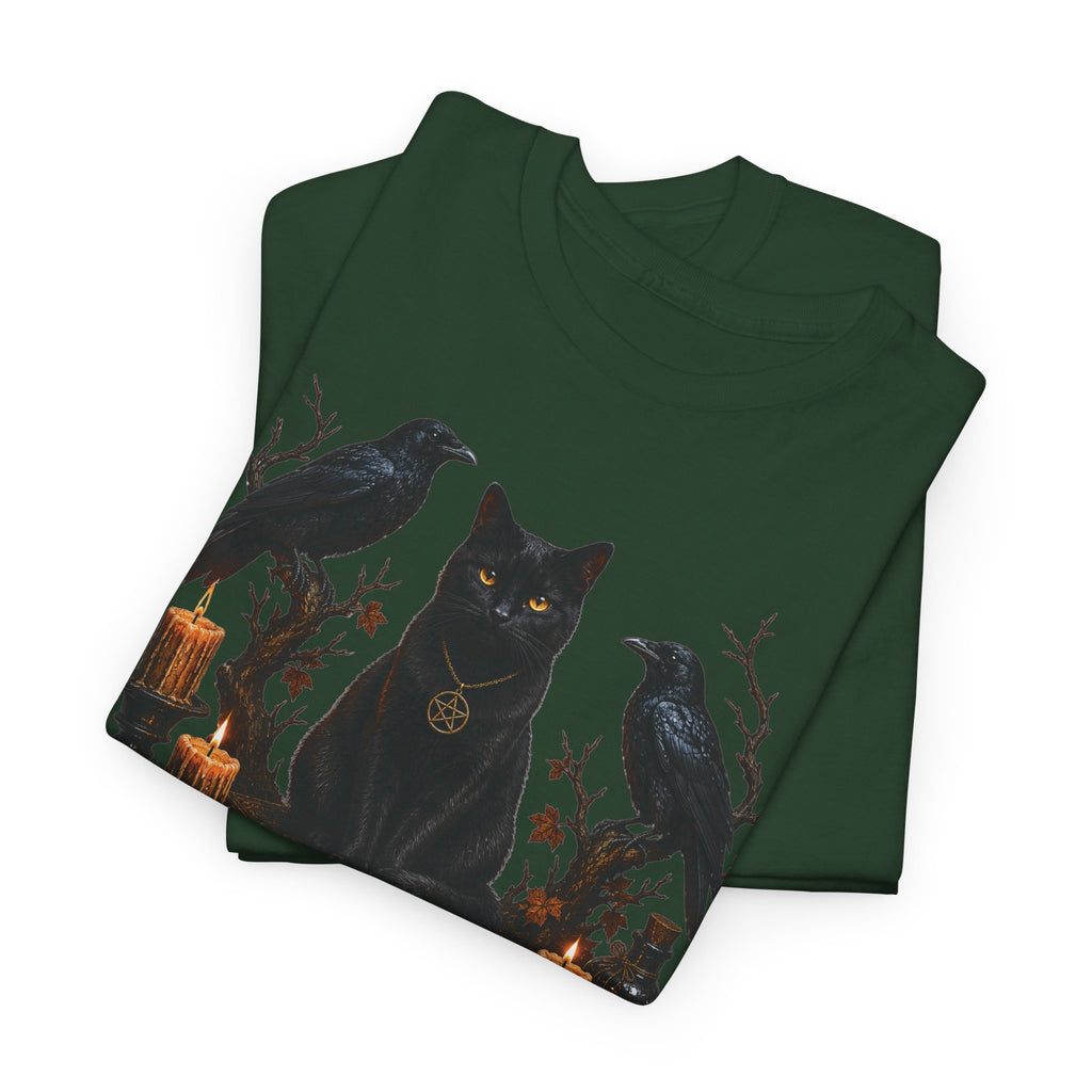 Witchy Black Cat T-Shirt — Candlelit Raven & Grimoire Gothic Tee