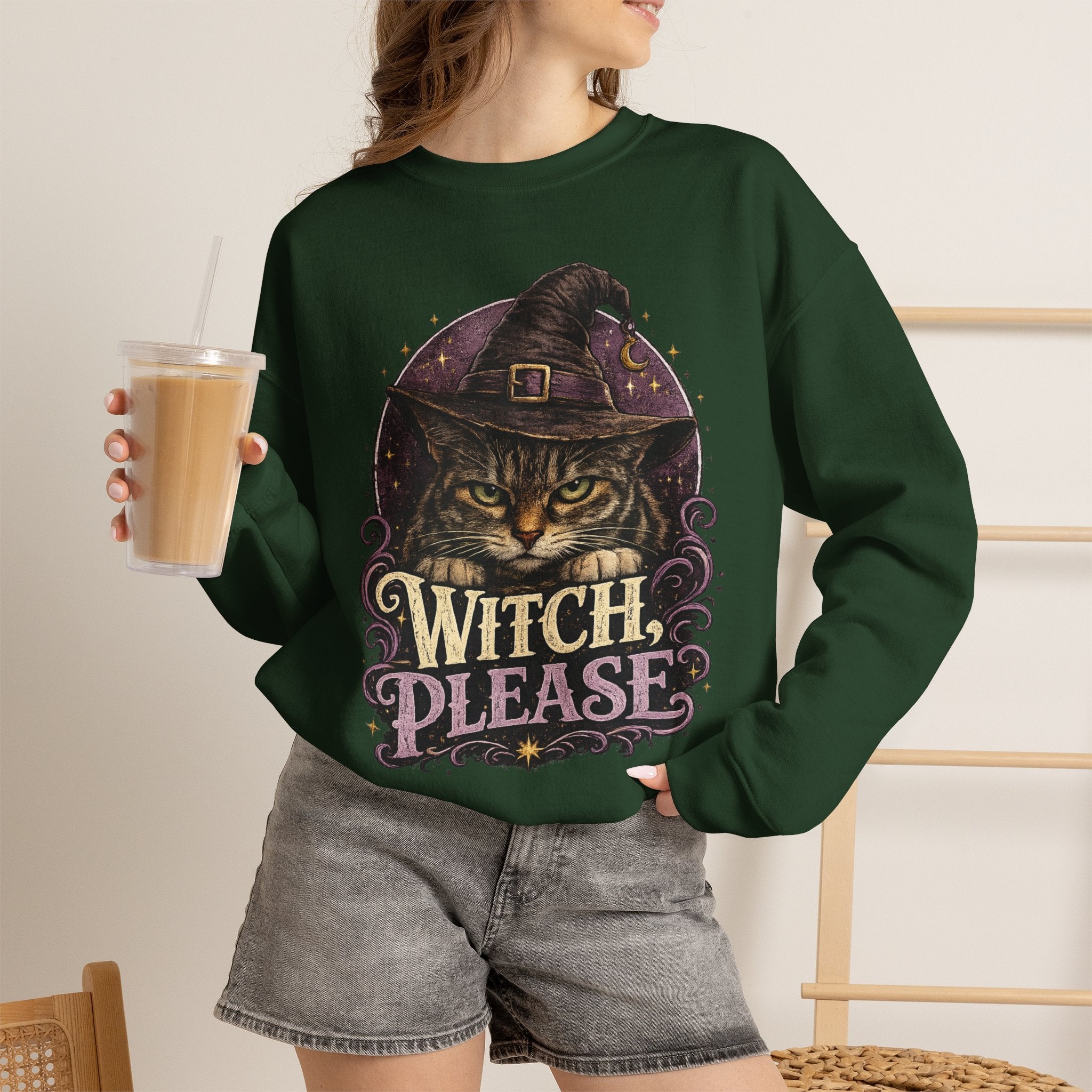Witch Please Sweatshirt — Halloween Cat Witch Graphic Crewneck