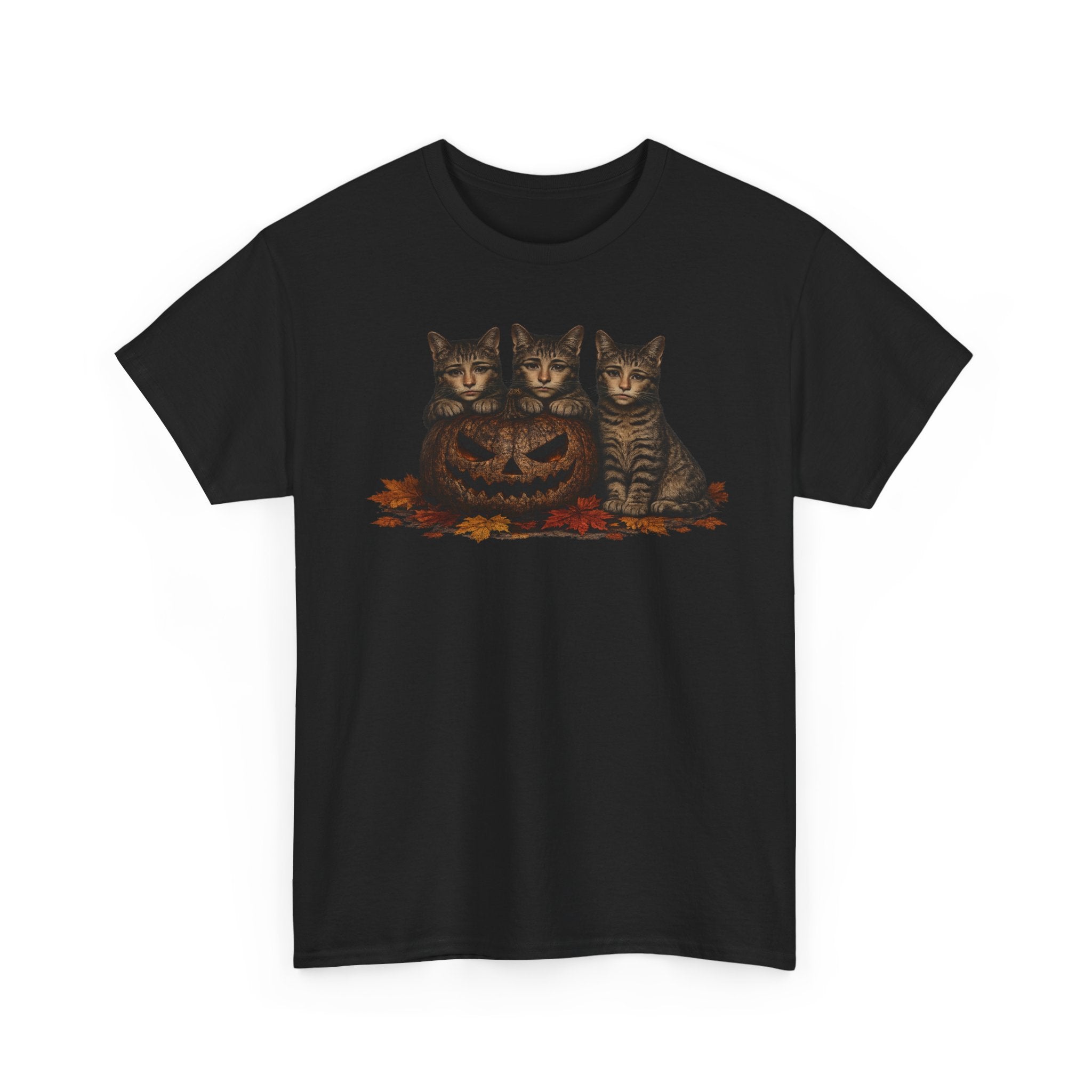 Halloween Cats T-Shirt — Trio of Kittens with Jack-O'-Lantern Fall Tee