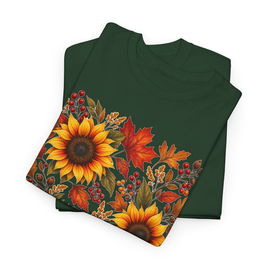 Sunflower & Autumn Leaves Tee — Fall Floral Graphic T-Shirt