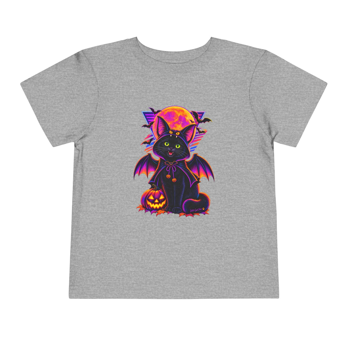 Toddler Tee — Neon Halloween Bat Cat with Pumpkin Graphic
