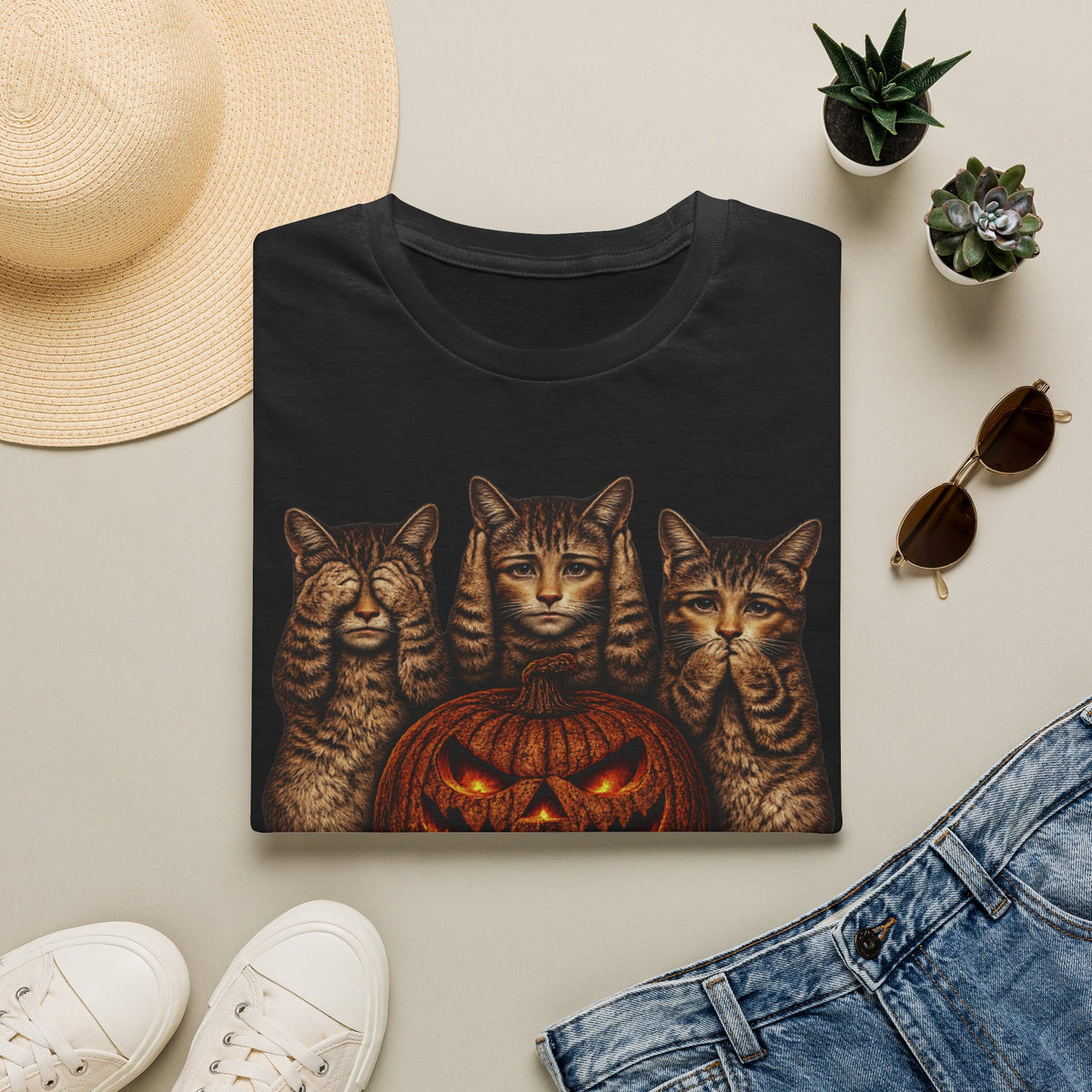 No Evil... Anthropomorphic Cat Pumpkin T-Shirt — Three Spooky Cats with Jack-O'-Lantern