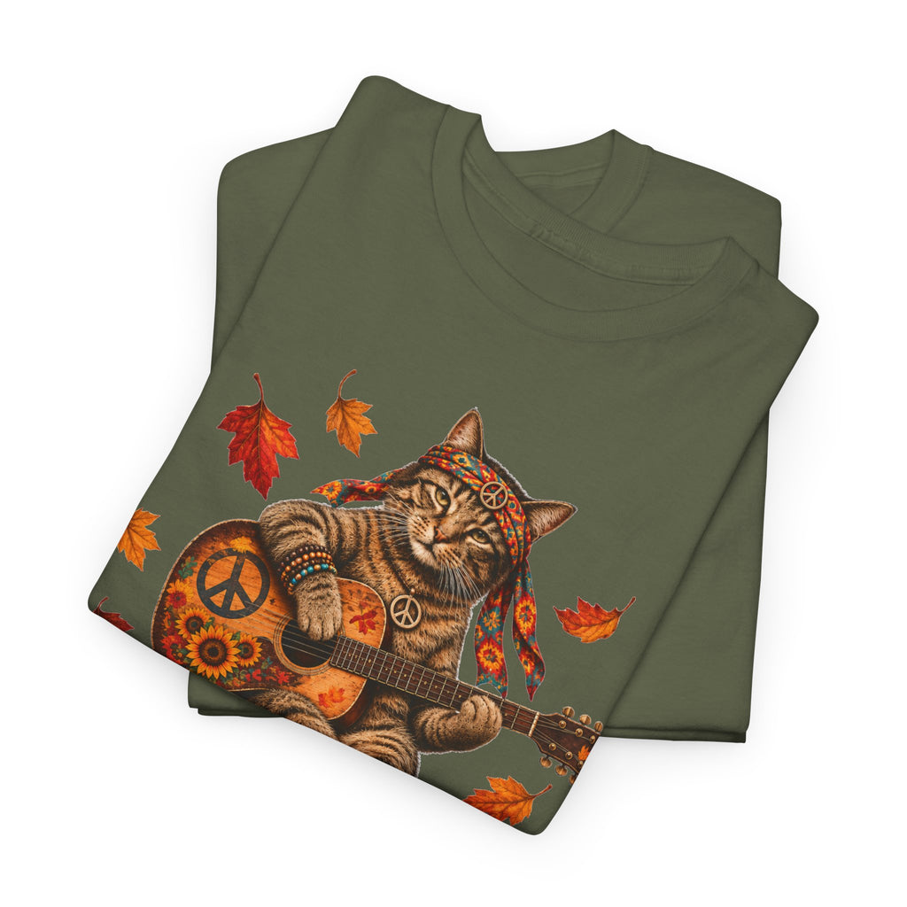 Boho  Cat Guitar T-Shirt - Hippie cat fall shirt, Peace Love Music Tee