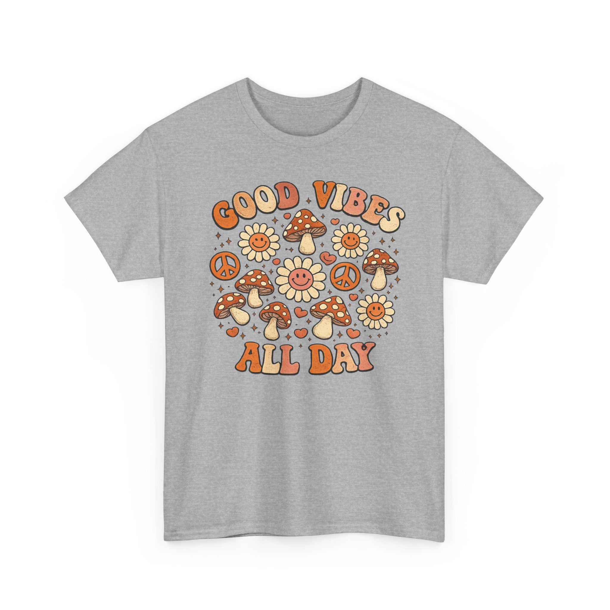 Boho-Good Vibes All Day T-Shirt — Retro Mushroom & Daisy Graphic Tee