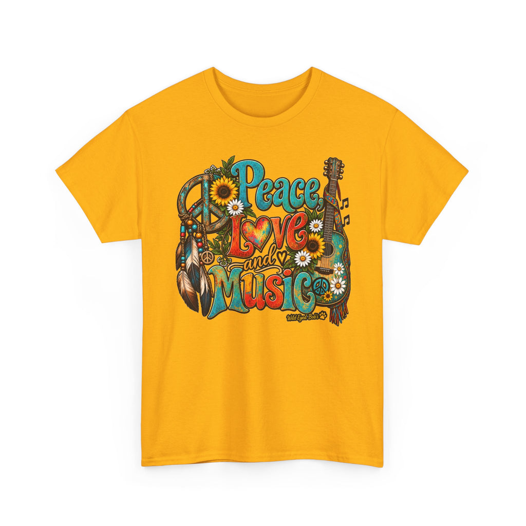 Peace Love Music T-Shirt — Retro Hippie Sunflower Graphic Tee
