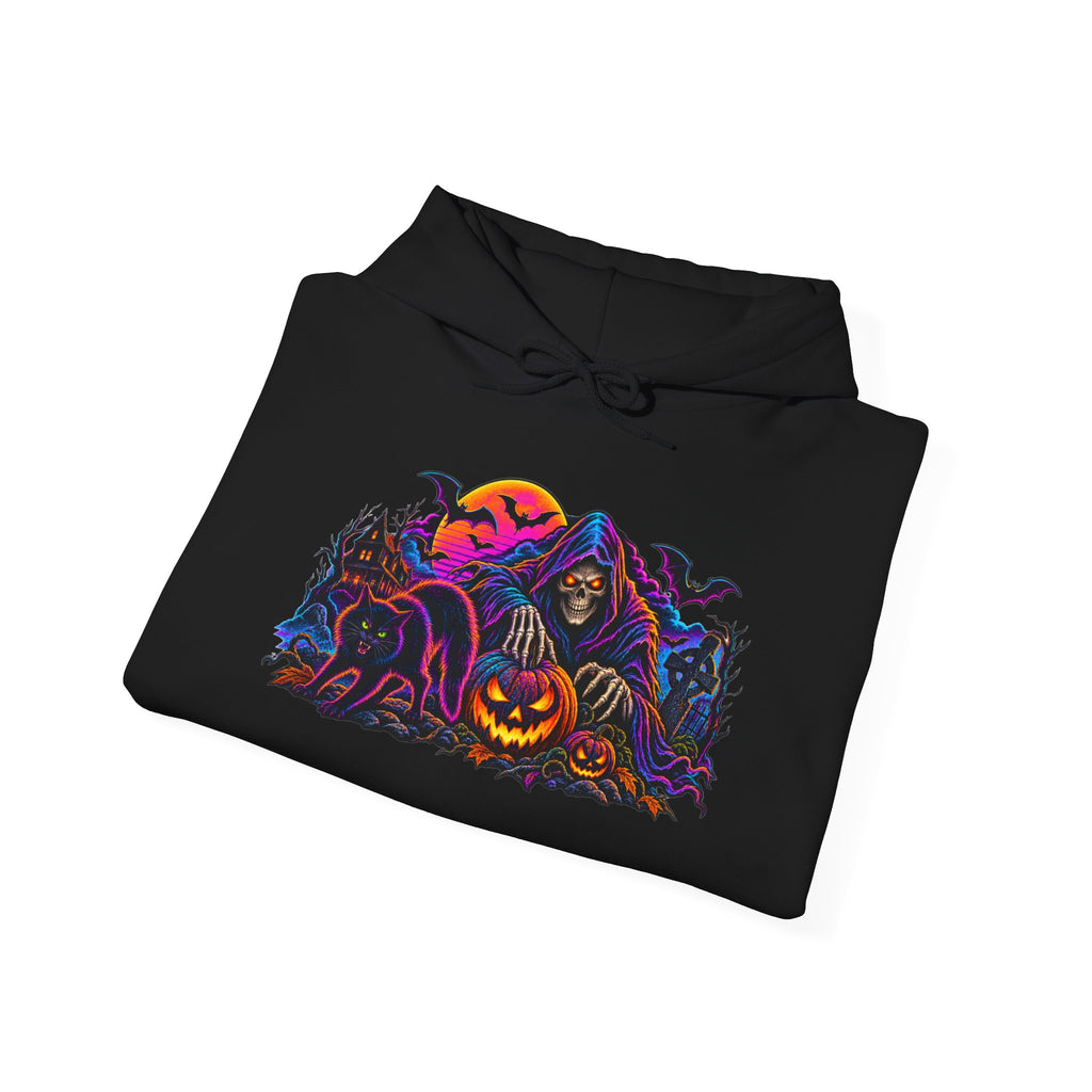Halloween Horror Hoodie - Neon Jack-O'-Lantern & Ghosts Graphic Sweatshirt