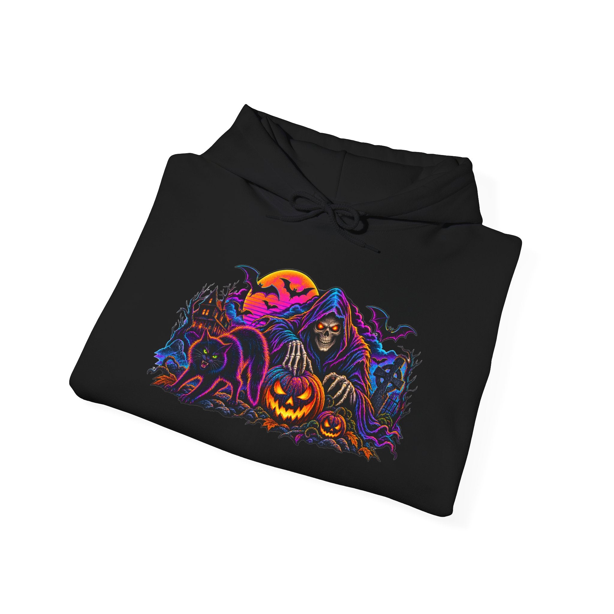 Halloween Horror Hoodie - Neon Jack-O'-Lantern & Ghosts Graphic Sweatshirt