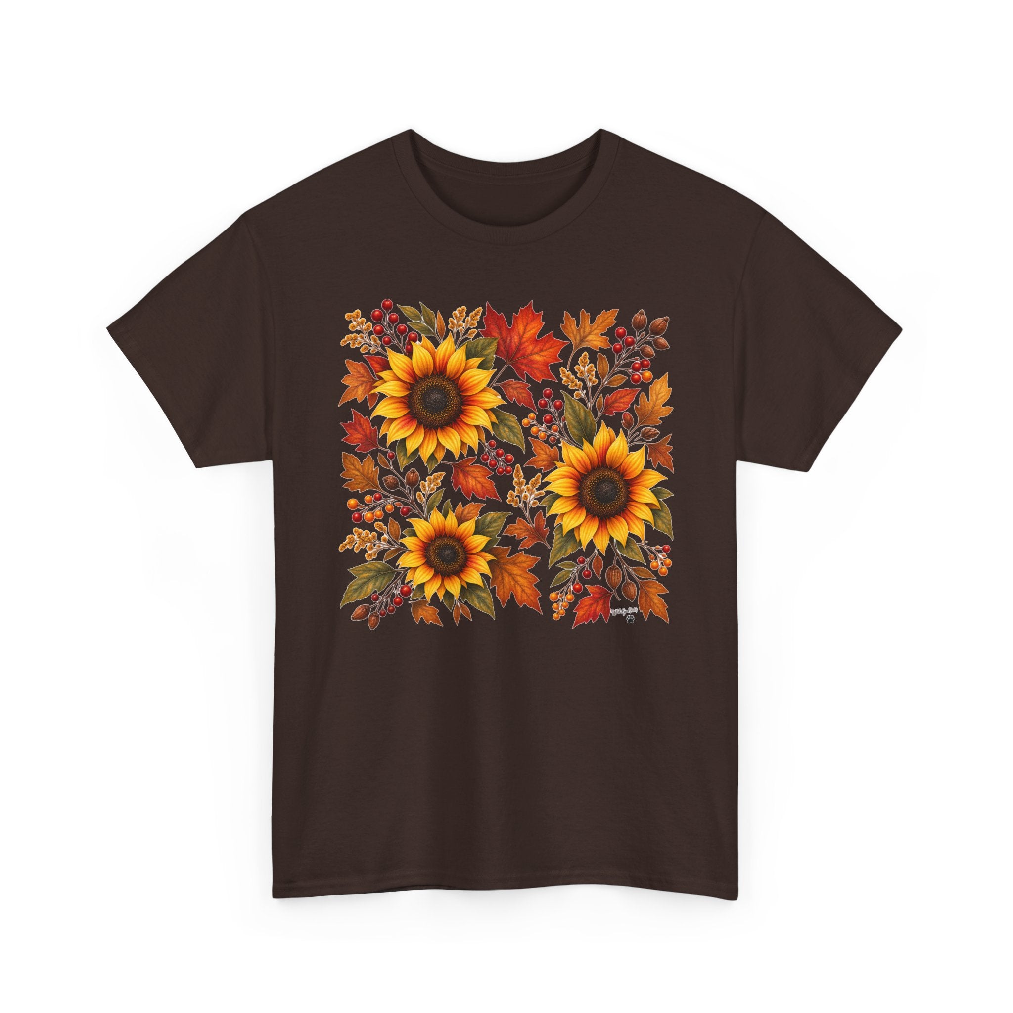 Sunflower & Autumn Leaves Tee — Fall Floral Graphic T-Shirt