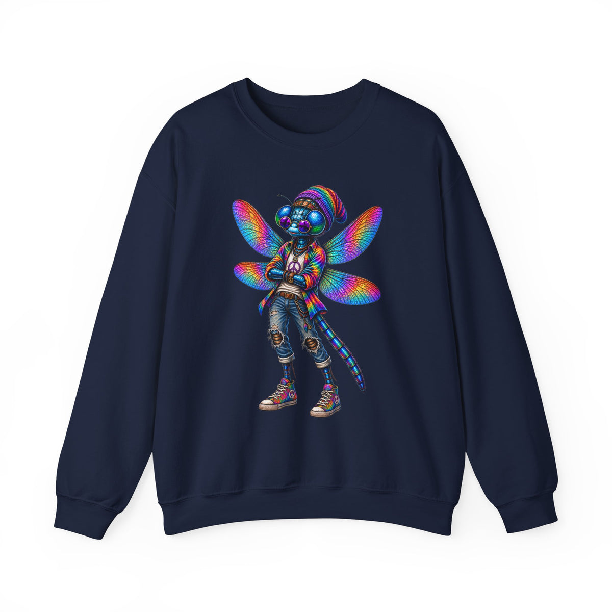 Neon Dragonfly Crewneck Sweatshirt — Rainbow Cyberpunk Kitty Graphic