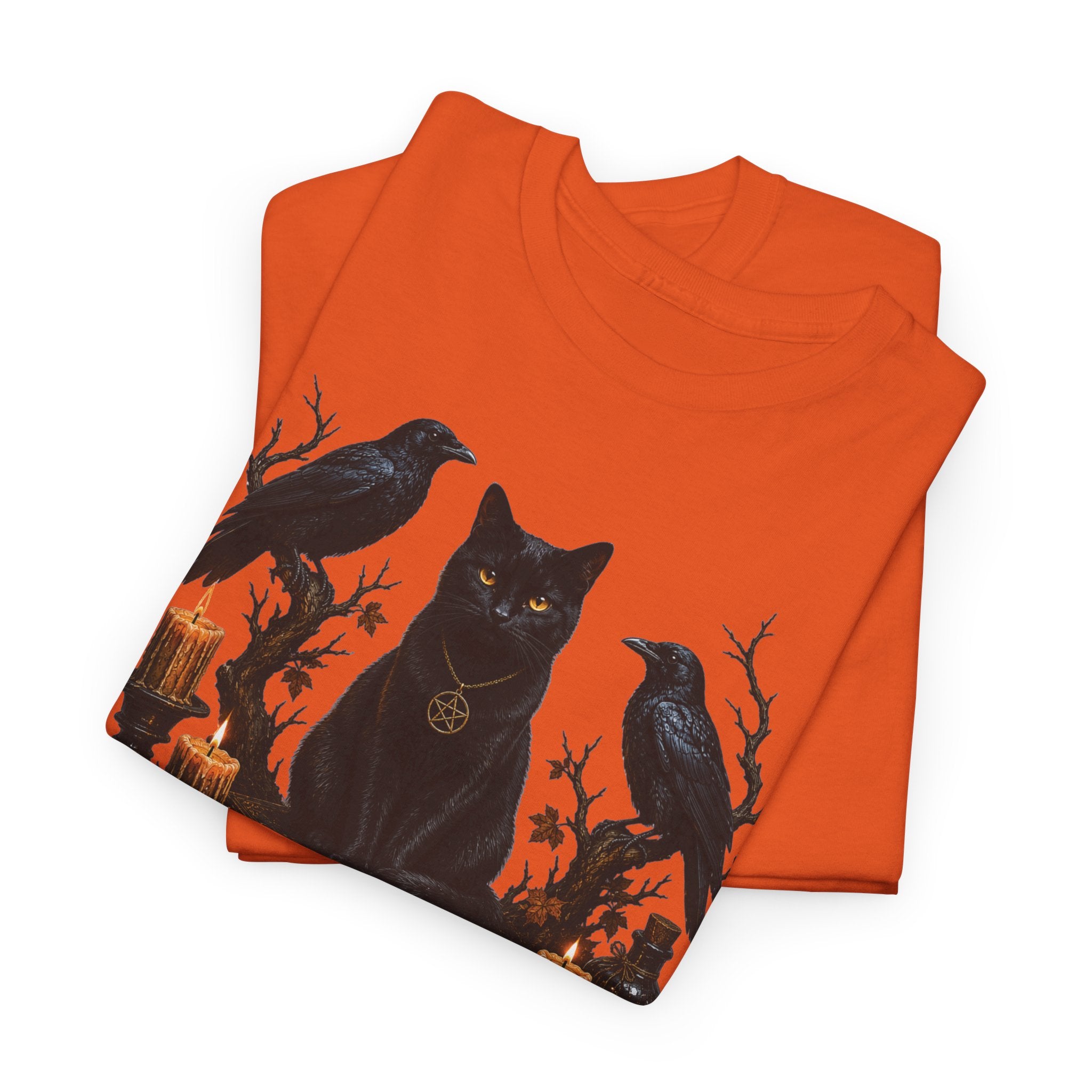 Witchy Black Cat T-Shirt — Candlelit Raven & Grimoire Gothic Tee