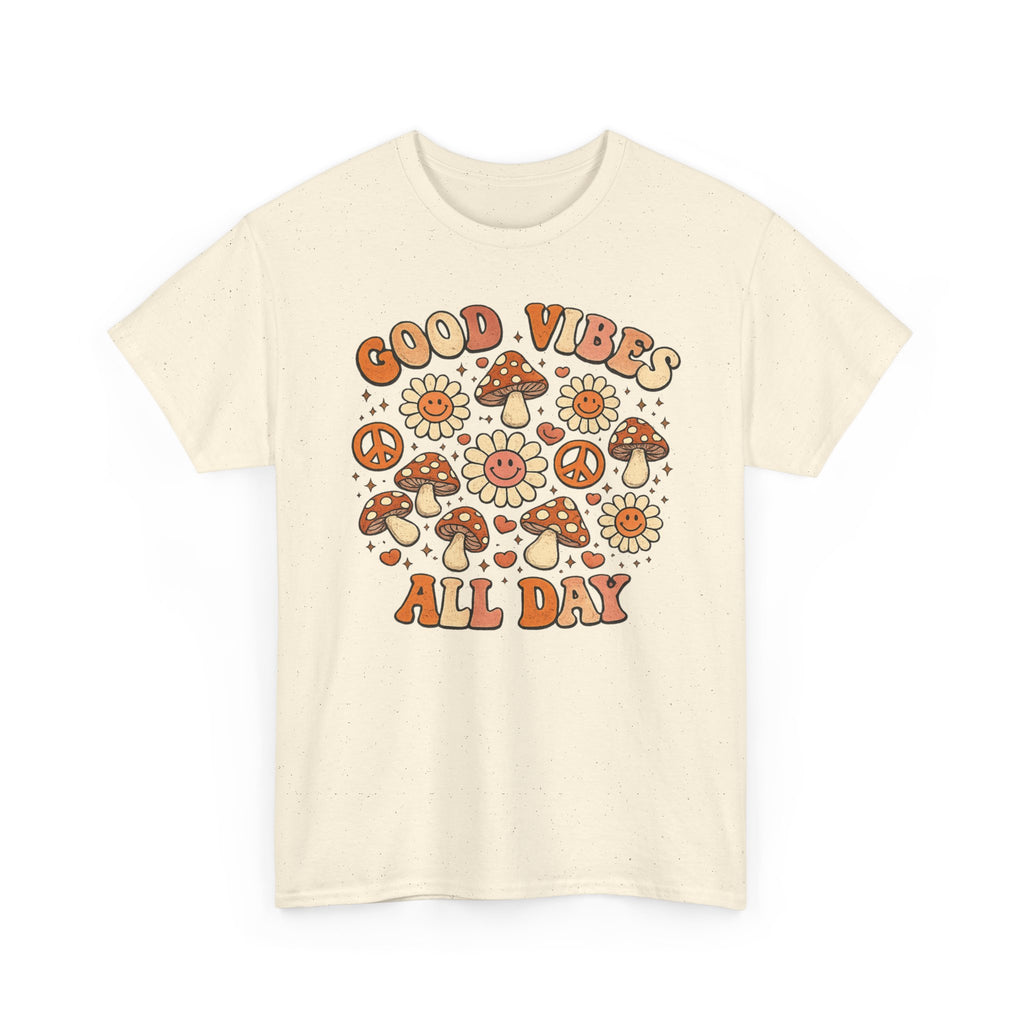 Boho-Good Vibes All Day T-Shirt — Retro Mushroom & Daisy Graphic Tee