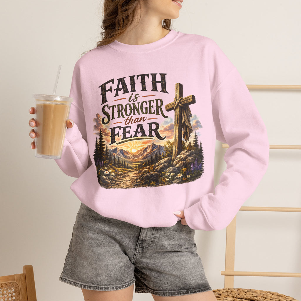 Faith Is Stronger Than Fear Crewneck Sweatshirt — Christian Cross Mountain Design