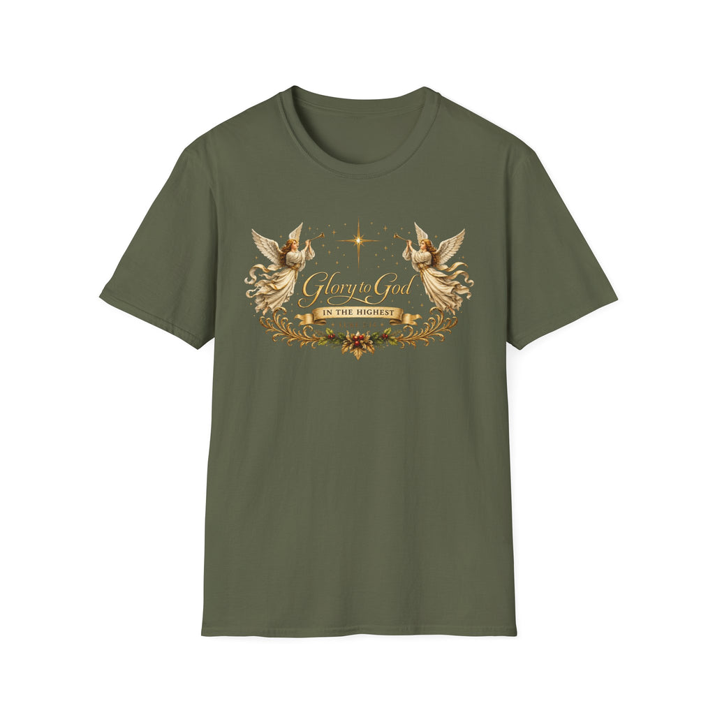 Glory to God Angel Christmas T-Shirt — "In the Highest" Nativity Holiday Tee