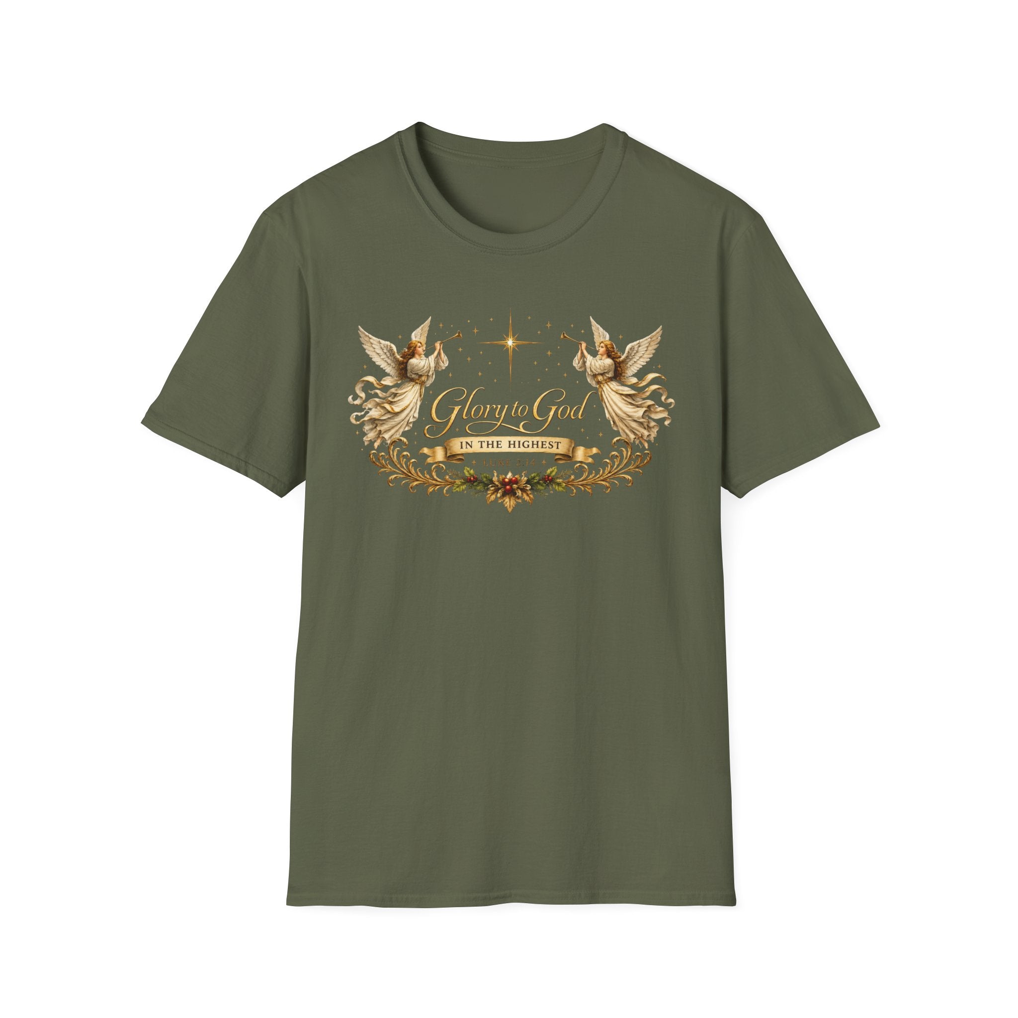 Glory to God Angel Christmas T-Shirt — "In the Highest" Nativity Holiday Tee