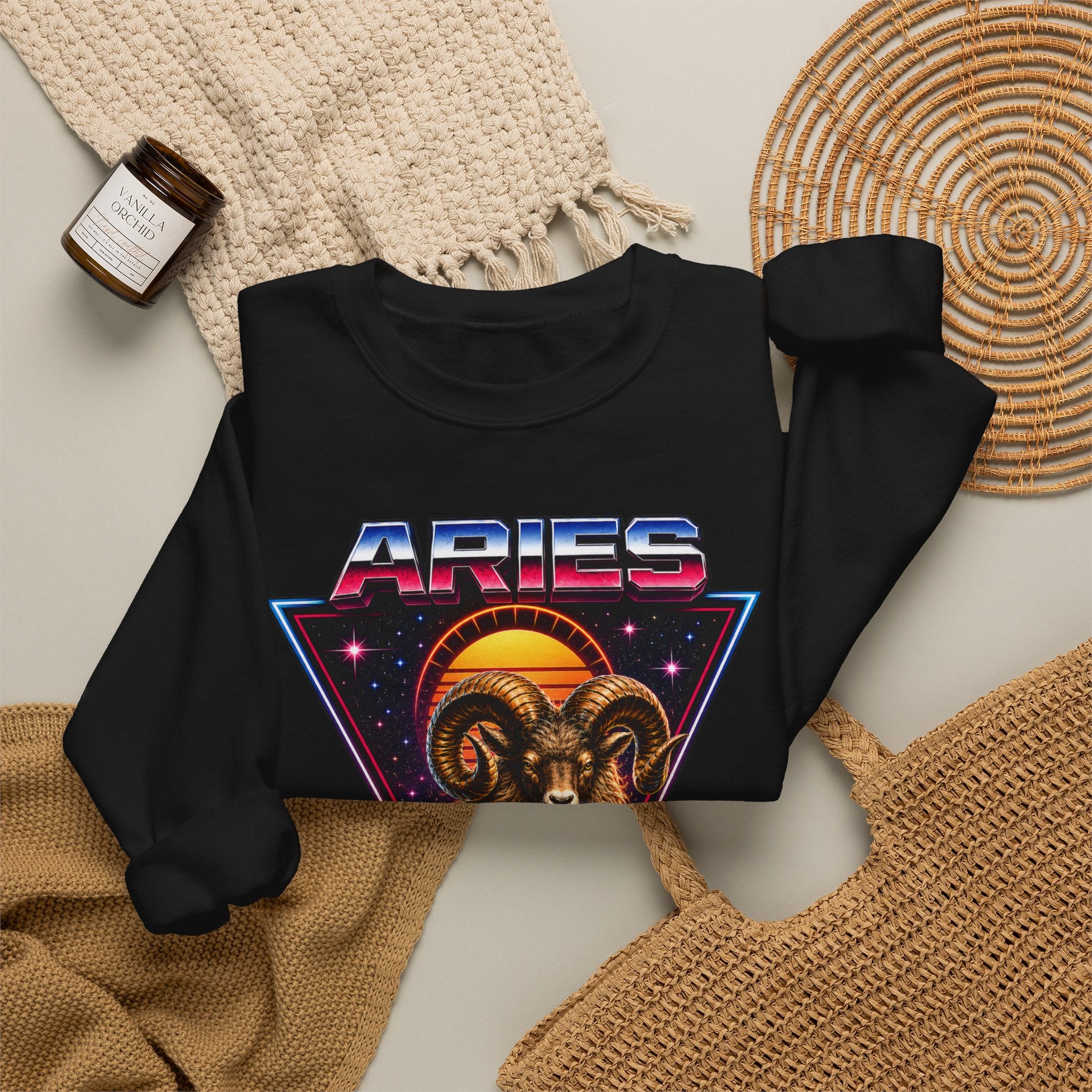 Aries Zodiac Crewneck Sweatshirt — 80s Retro Ram Astrology Graphic