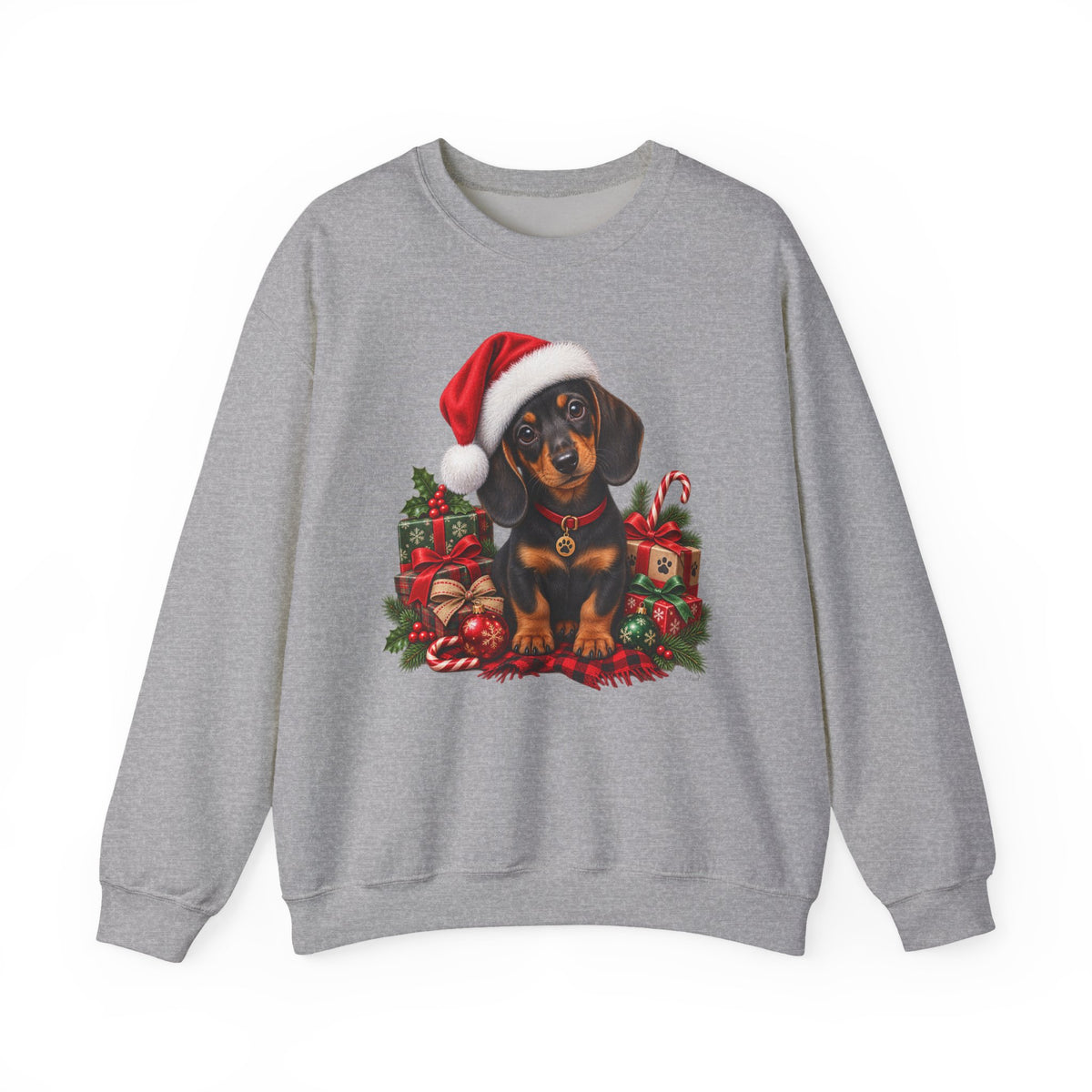 Christmas Dachshund Sweatshirt — Cute Puppy in Santa Hat Holiday Crewneck