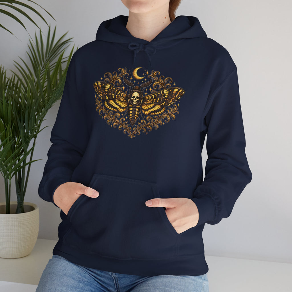 Mystic Death Moth Skull Hoodie – Crescent Moon Gothic Graphic Sweatshirt
