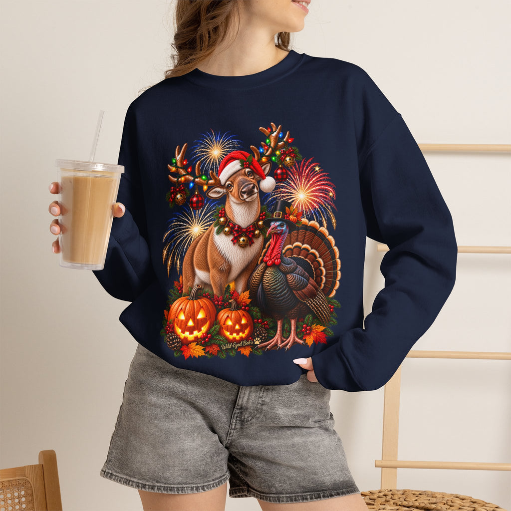 Four Holidays  One Shirt - Halloween Thanksgiving. Christmas and New year
