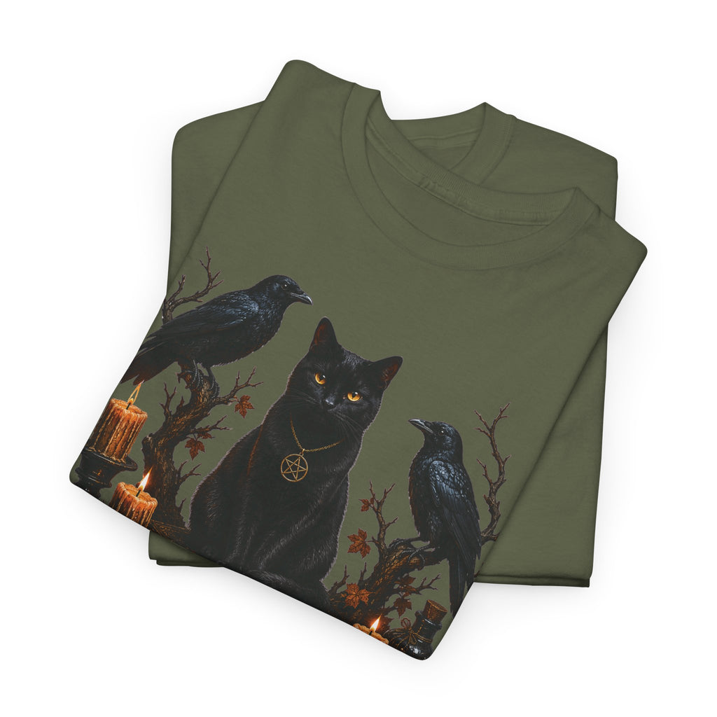 Witchy Black Cat T-Shirt — Candlelit Raven & Grimoire Gothic Tee