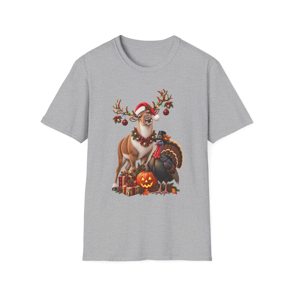Three Holidays-One Shirt - Christmas Reindeer ,Turkey & Jack O Lantern Graphic T‑Shirt