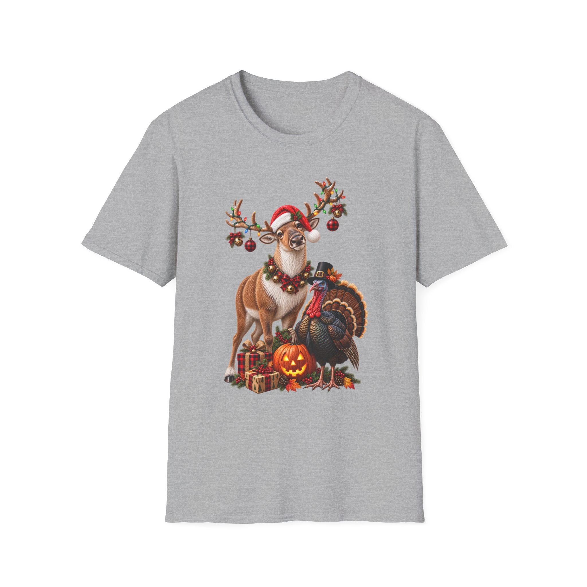 Three Holidays-One Shirt - Christmas Reindeer ,Turkey & Jack O Lantern Graphic T‑Shirt