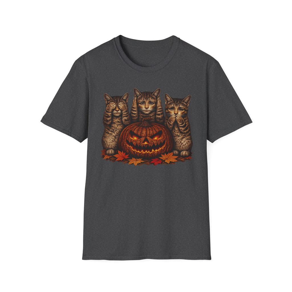 No Evil... Anthropomorphic Cat Pumpkin T-Shirt — Three Spooky Cats with Jack-O'-Lantern
