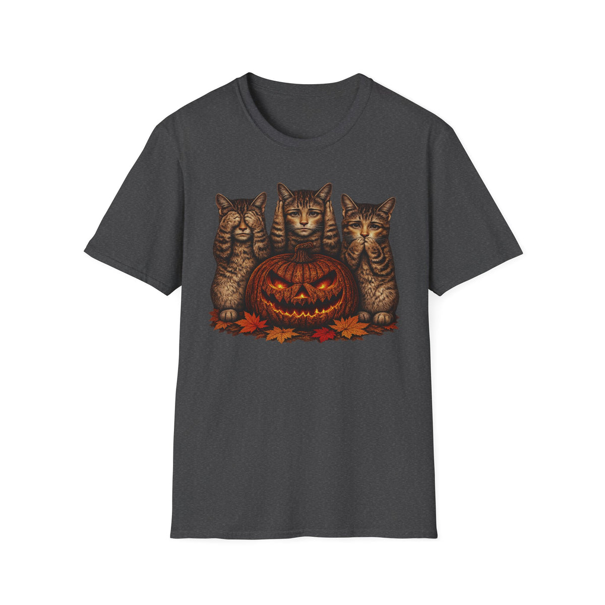 No Evil... Anthropomorphic Cat Pumpkin T-Shirt — Three Spooky Cats with Jack-O'-Lantern