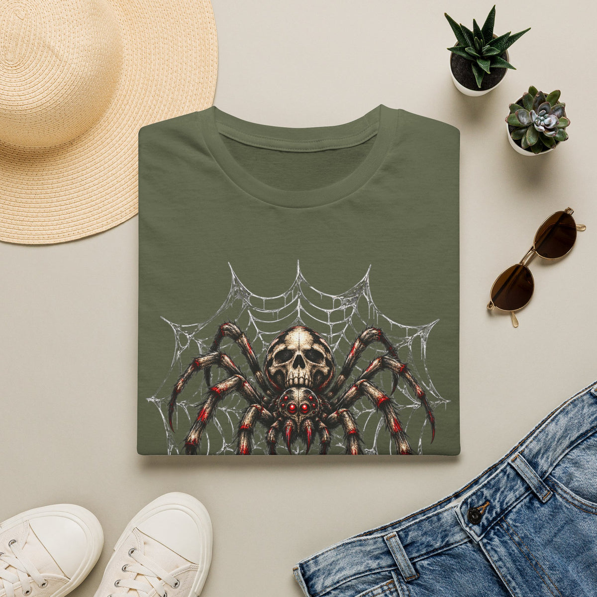 Skull Spider Web Graphic T-Shirt — Gothic Horror Halloween Tee