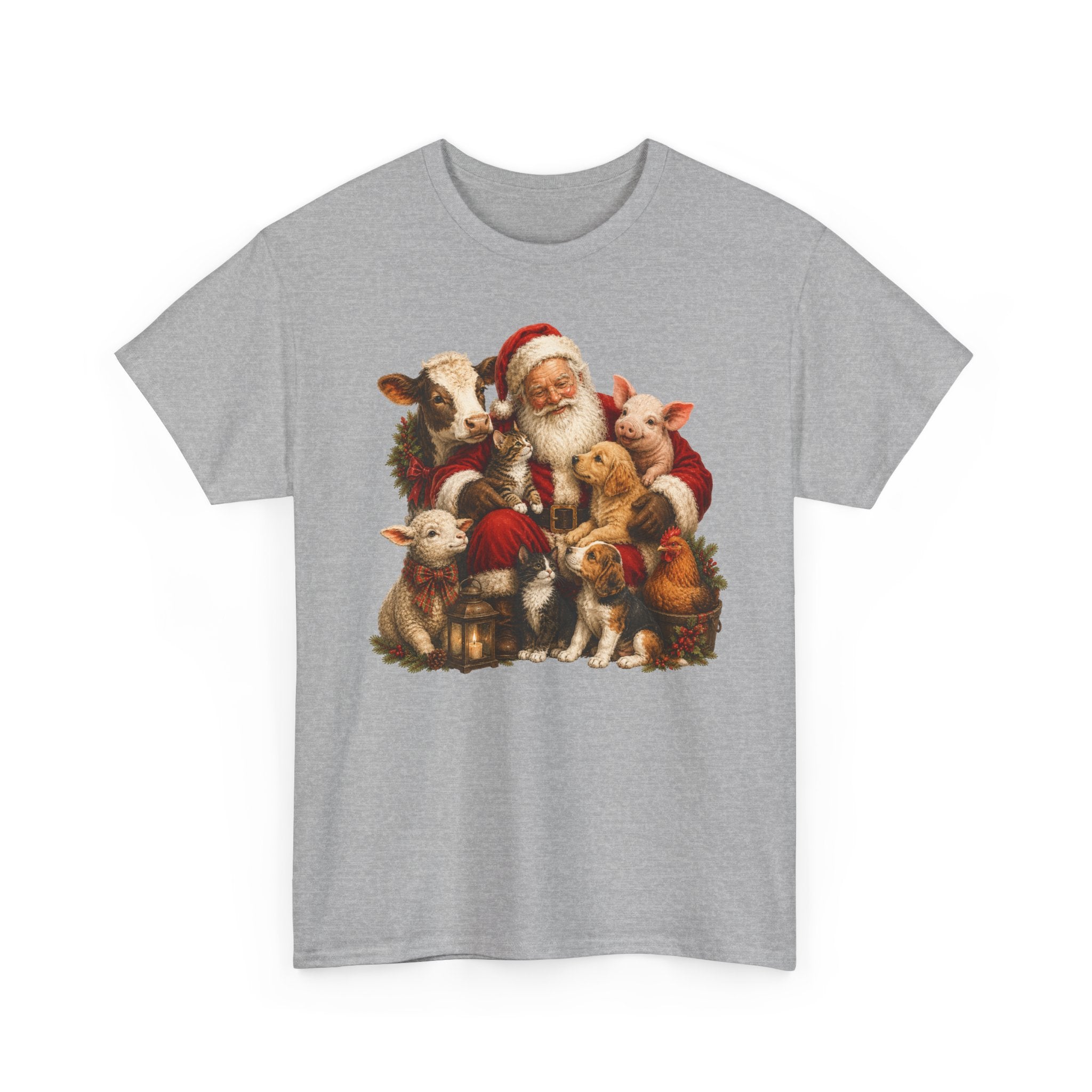 Santa with Farm Animals Christmas Tee — Vintage Holiday Animal Lover Shirt