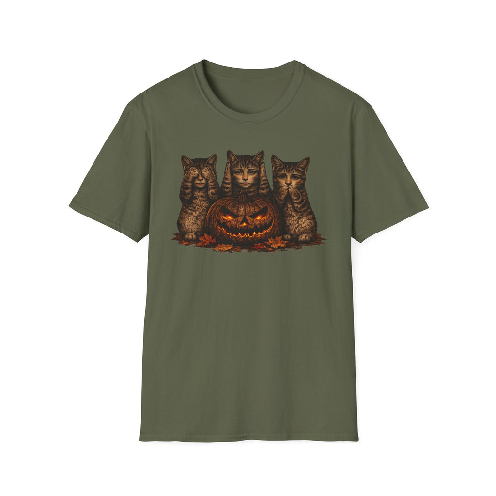 No Evil... Anthropomorphic Cat Pumpkin T-Shirt — Three Spooky Cats with Jack-O'-Lantern