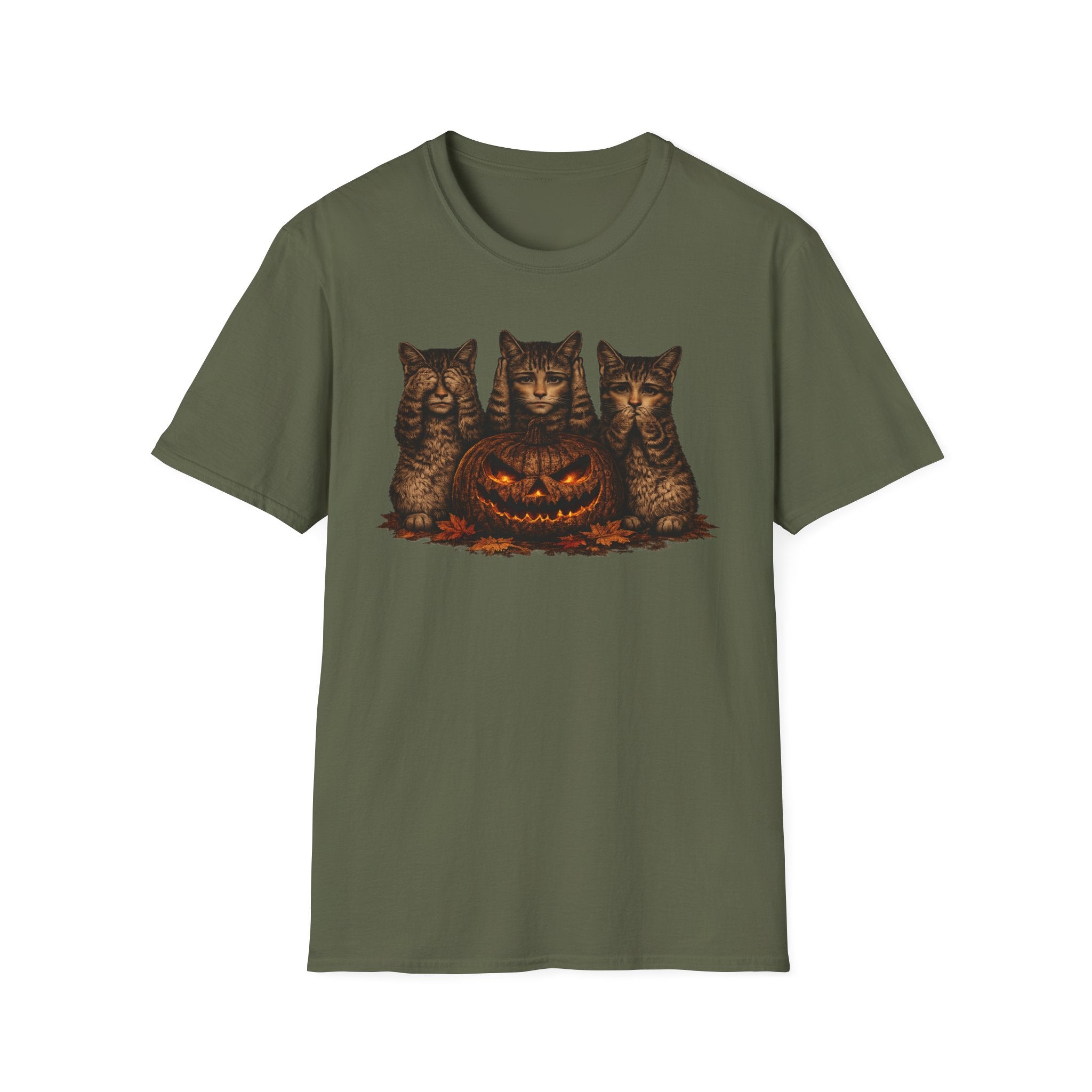 No Evil... Anthropomorphic Cat Pumpkin T-Shirt — Three Spooky Cats with Jack-O'-Lantern
