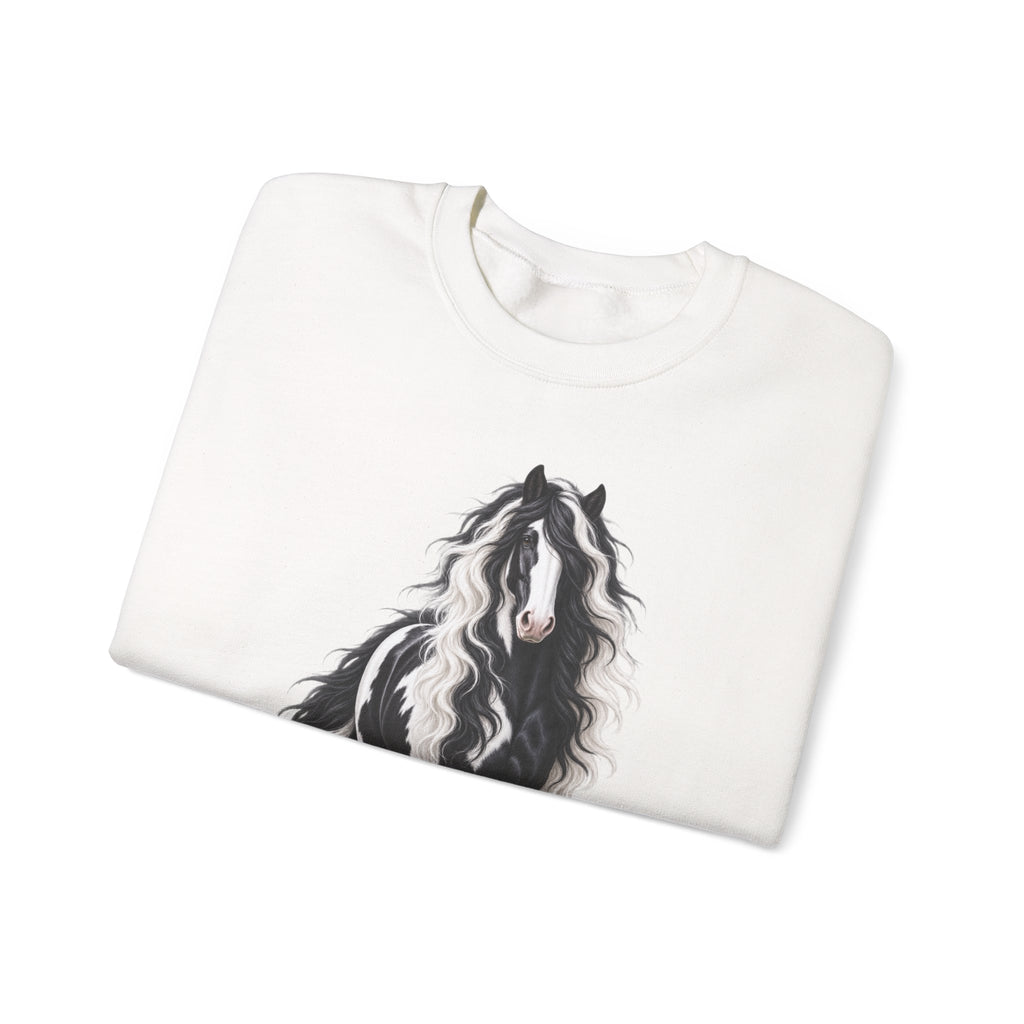 Gypsy Vanner Horse Crewneck Sweatshirt — Black & White Fluffy Pony Graphic